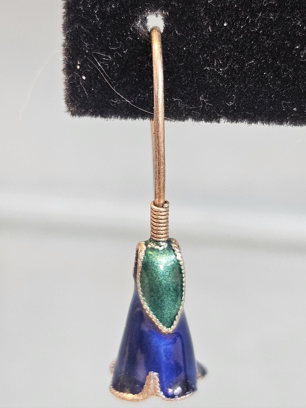 Vintage Gold Tone Sterling Silver Green Blue Enamel Bell Flower Drop Earrings